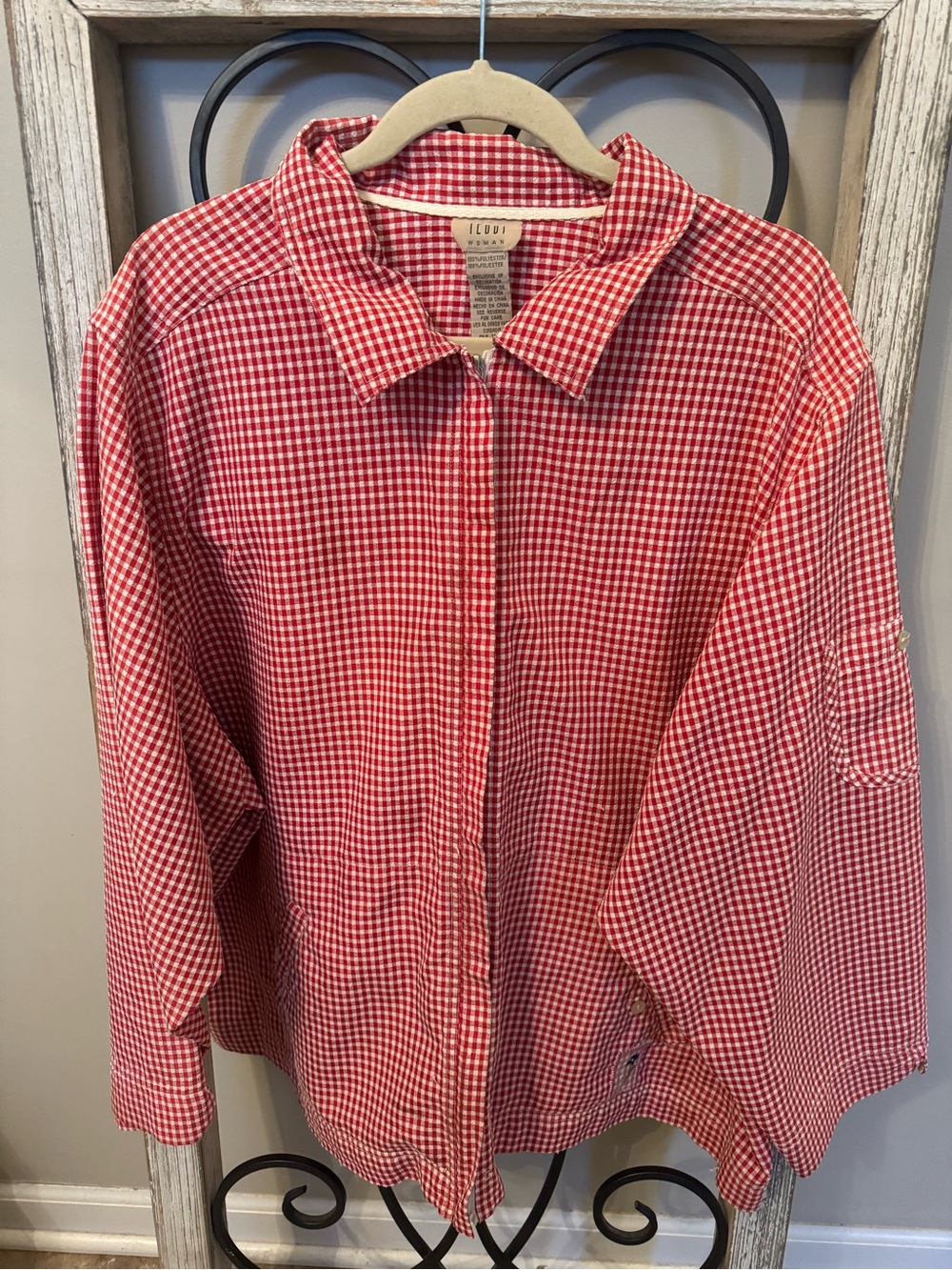Vintage Teddi Woman Red White Gingham Zip Front Jacket Floral Embroidery 2X